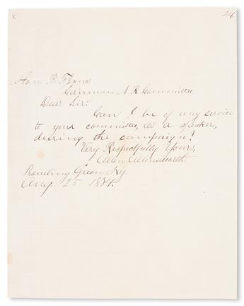 (POLITICS.) ALLENSWORTH, ALLEN. Autograph Letter Signed, to R. F. Jones, Chairman of the Republican Committee.